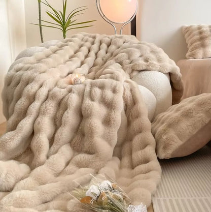 Super Blød Fluffy Luksus Kaninpels Wave Tæppe – Varme, Komfort og Stil Blanket Tech Butik Beige Kaste 100x150cm