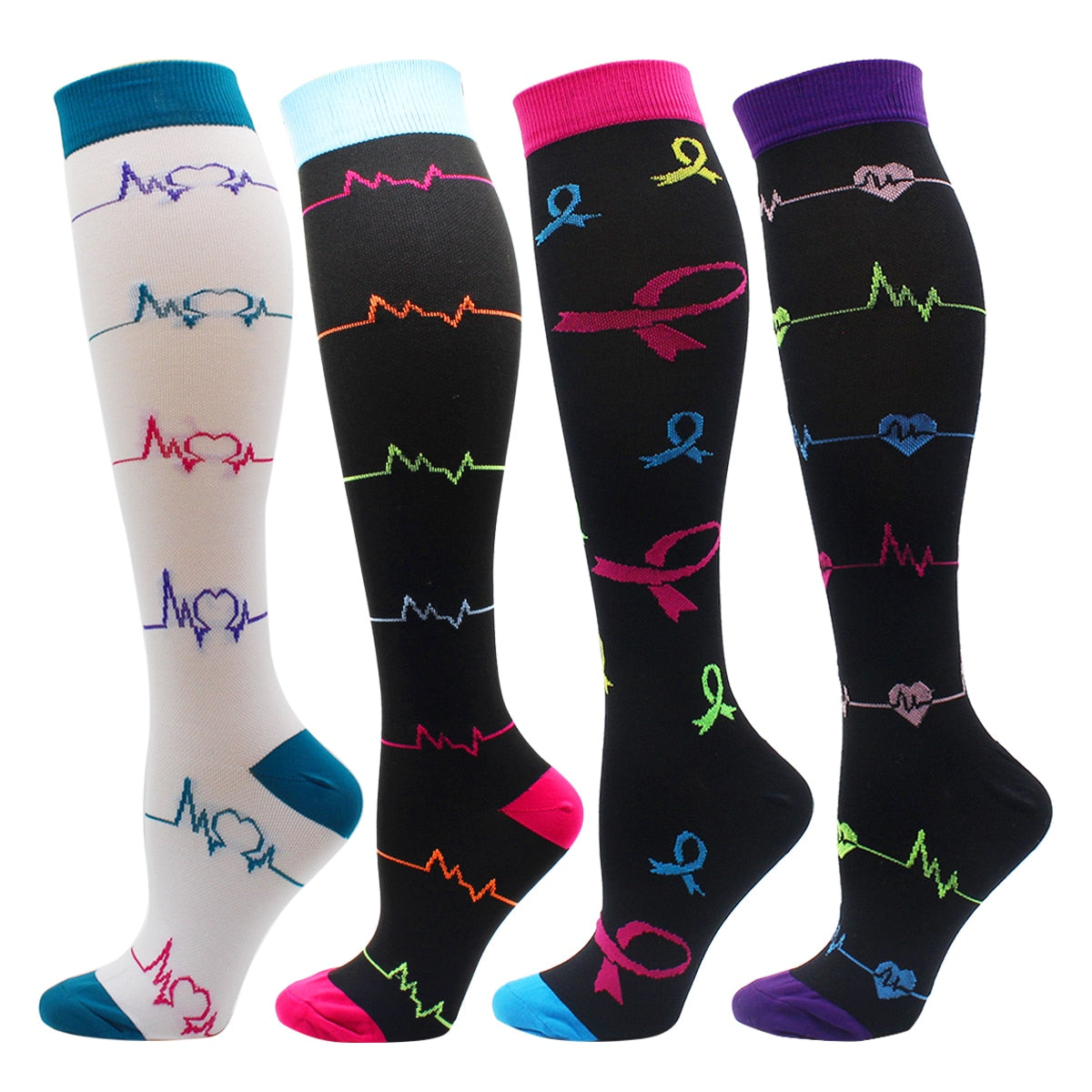 Farverige Lange Kompressionssokker (4 par) – Støttende, Komfortable og Energigivende Sokker Socks Tech Butik Hvid/Sort S