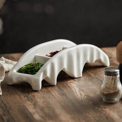 Elegant Elfenbens Keramikbakke – 3-Kompartments Skulpturelt Design Serveringsudstyr Tech Butik