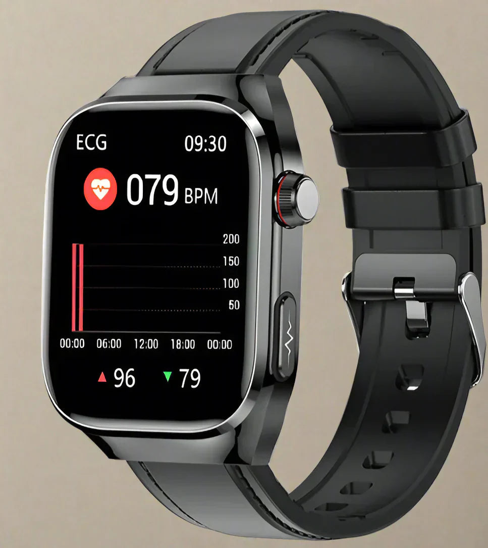 Smartwatch med EKG og blodsukkerovervågning stilfuld sundhedssporing med AMOLED skærm Bærbar teknologi Tech Butik Sort læder
