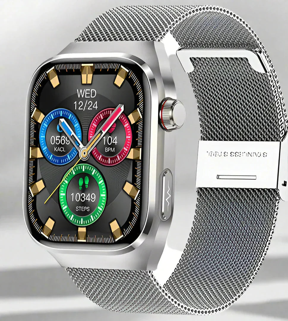 Smartwatch med EKG og blodsukkerovervågning stilfuld sundhedssporing med AMOLED skærm Bærbar teknologi Tech Butik Sølv meshbånd 2A