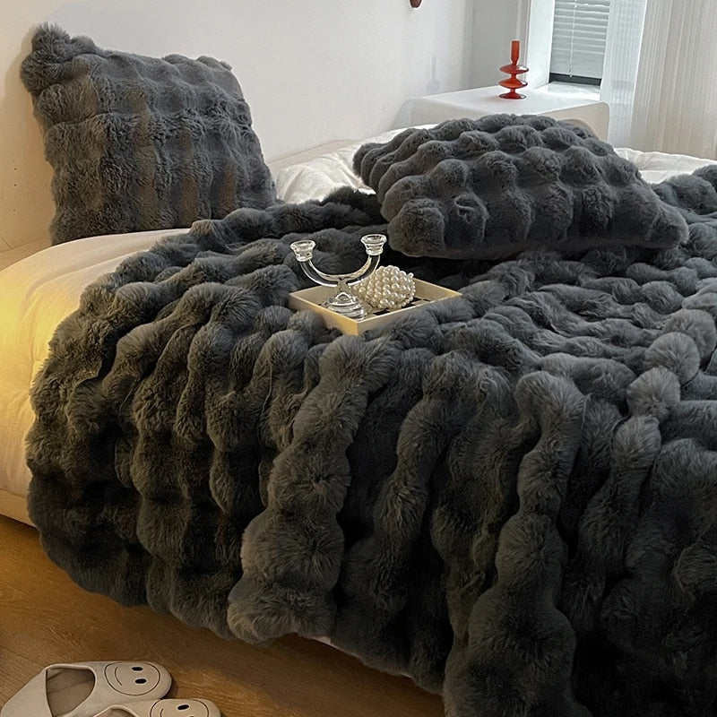 Super Blød Fluffy Luksus Kaninpels Wave Tæppe – Varme, Komfort og Stil Blanket Tech Butik