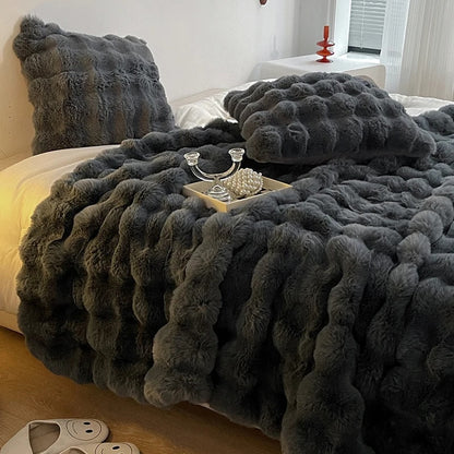 Super Blød Fluffy Luksus Kaninpels Wave Tæppe – Varme, Komfort og Stil Blanket Tech Butik
