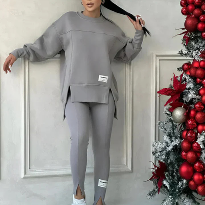 Kvindernes todelte buksesæt – Moderne matchende top og bukser Fashion Tech Butik Grå S