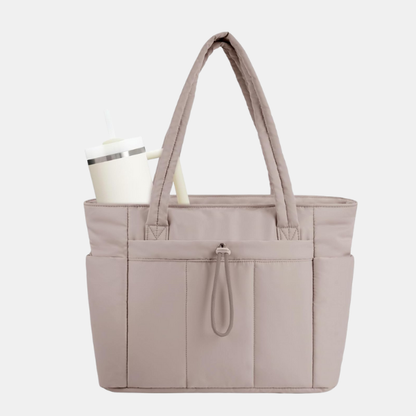 Multi-Funktionel Quiltet Puffer Shopper – Rummelig Rejse- og Arbejdstaske med Kop-holder og Laptoprum Bags Tech Butik Beige 31 cm (H) × 40 cm (B) × 16 cm (D)