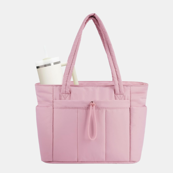 Multi-Funktionel Quiltet Puffer Shopper – Rummelig Rejse- og Arbejdstaske med Kop-holder og Laptoprum Bags Tech Butik Lyserød 31 cm (H) × 40 cm (B) × 16 cm (D)