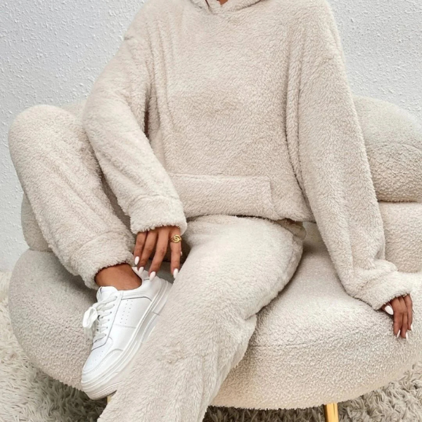 Dame Teddy Fleece Loungewear-sæt – Hyggelig Hættetrøje og Bukser for Ultimativ Komfort Loungewear Set Tech Butik Beige XS
