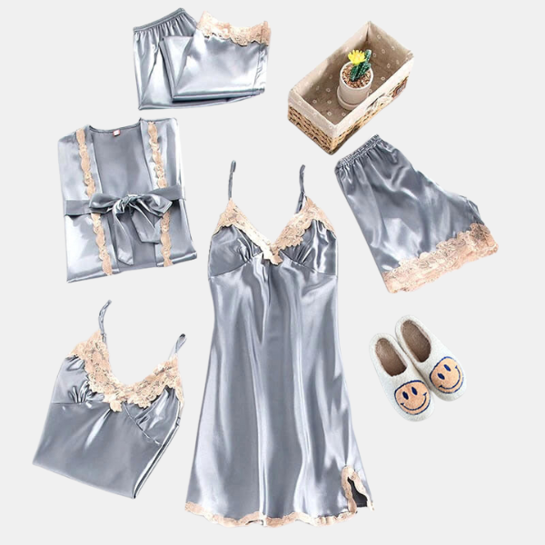 Dame Satin Nattøj Sæt – Silke­blød Komfort til Rolige Nætter Loungewear Set Tech Butik Safir creme XS