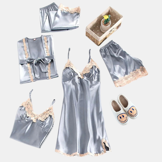 Dame Satin Nattøj Sæt – Silke­blød Komfort til Rolige Nætter Loungewear Set Tech Butik Safir creme XS