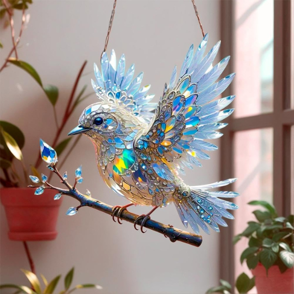 Krystalhimmel BlåFugl Glasornament – Smukt Glasmaleri til Vinduesophæng Home & Decor Tech Butik