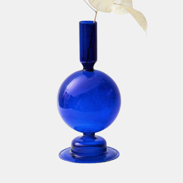 Koboltblå blæst glaslysestager – Elegant håndlavet dekoration til stemningsfuld belysning Candle Holders Tech Butik Globus