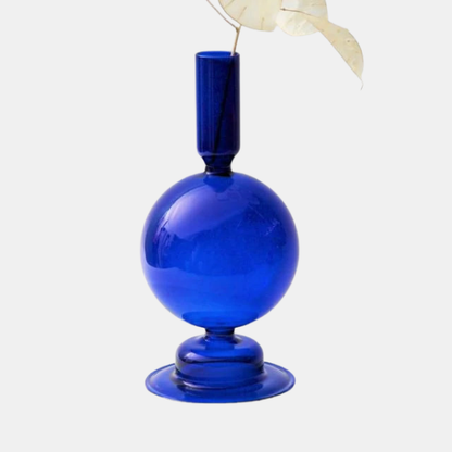 Koboltblå blæst glaslysestager – Elegant håndlavet dekoration til stemningsfuld belysning Candle Holders Tech Butik Globus