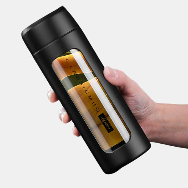 Dobbelvægget Glas Vandflaske med Låg – Isoleret Bærbar Tekop og Kaffekop kitchen accessory Tech Butik Sort 380ml