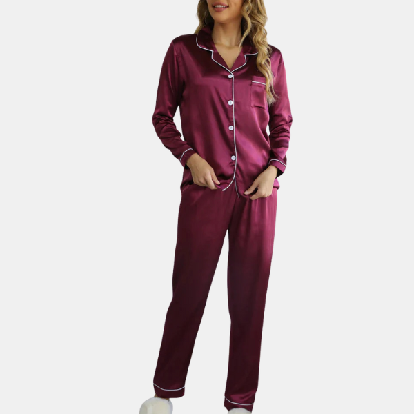 Dame Pyjamasæt med Lange Ærmer – Komfort med Knappelukning til Afslapning Loungewear Set Tech Butik