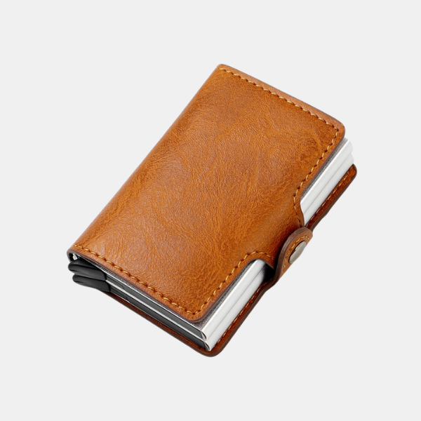 RFID-Blokerende Læderpung – Dobbelt Pop-up Aluminiums Kortholder-System Wallets Tech Butik Brun Tegnebog