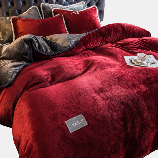 Luxuriøst Velour Sengetøjssæt – Blødt, Elegant & Ultra-Hyggeligt Bedding Set Tech Butik Rød & Mørkegrå Dronning 4-delt sæt