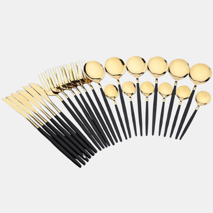 Elegant Moderne Sort & Guld Bestiksæt – Elegant og Holdbart Bestik til Fine Dining Flatware Tech Butik