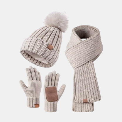 Vinterstrik Hue, Tørklæde og Handsker Sæt – Touchscreen-kompatibelt 3-i-1 Winter Accessories Set Tech Butik Beige