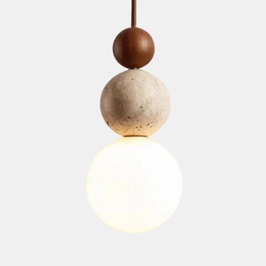 Stilfuld Travertin & Mahogni Pendellampe – Moderne Belysning med Varme Trætoner Lamps & Lighting Tech Butik Cremehvid-valnød 11 cm (diameter) × 23 cm (højde)