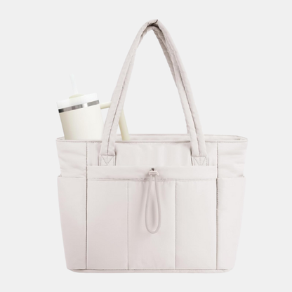 Multi-Funktionel Quiltet Puffer Shopper – Rummelig Rejse- og Arbejdstaske med Kop-holder og Laptoprum Bags Tech Butik Råhvid 31 cm (H) × 40 cm (B) × 16 cm (D)