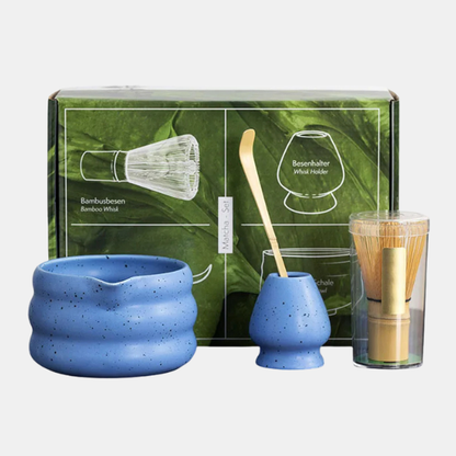 Traditionelt Matcha Tesæt – 4 Dele med Skål og Pisker Tea Set Tech Butik Blå Sæt i fire dele