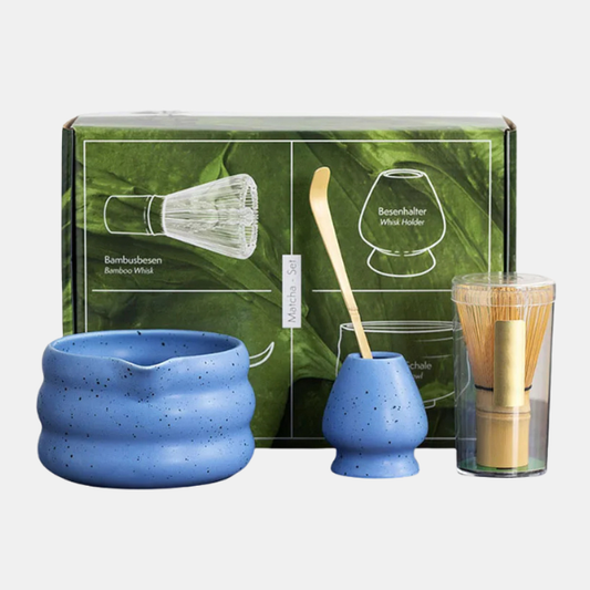 Traditionelt Matcha Tesæt – 4 Dele med Skål og Pisker Tea Set Tech Butik Blå Sæt i fire dele