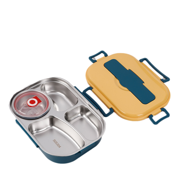 Madkasse i Rustfrit Stål – Holdbar, Stilfuld og Perfekt Opdelt Frokostkasser Tech Butik Gul 4 Skåle med Suppeske