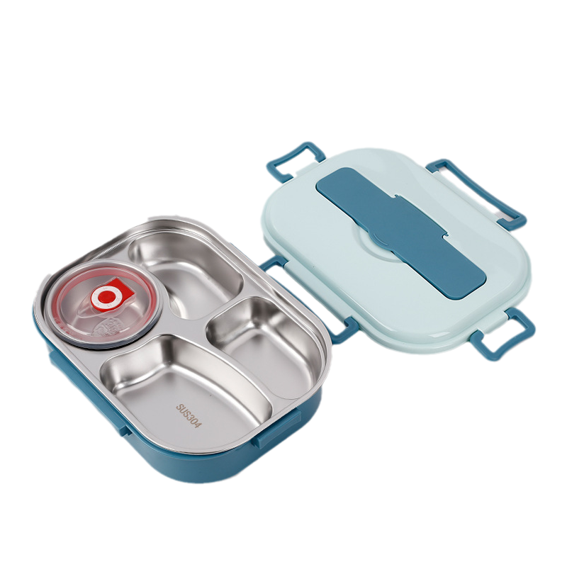 Madkasse i Rustfrit Stål – Holdbar, Stilfuld og Perfekt Opdelt Frokostkasser Tech Butik Blå 4 Skåle med Suppeske