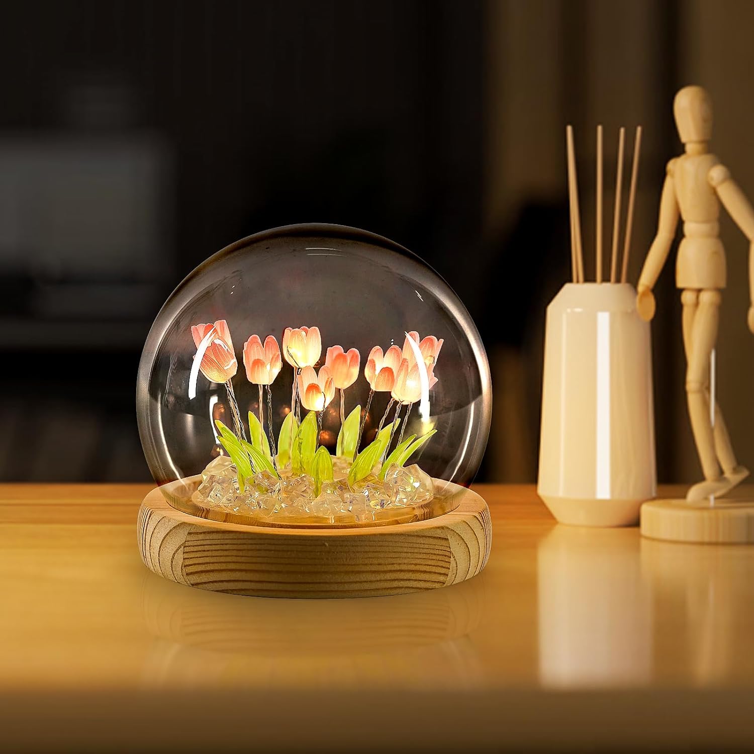 Tulipan Nattelys i Glaskuppel – Elegant Indendørs Dekoration og Gave Natlampe Tech Butik