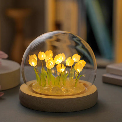 Tulipan Nattelys i Glaskuppel – Elegant Indendørs Dekoration og Gave Natlampe Tech Butik gul
