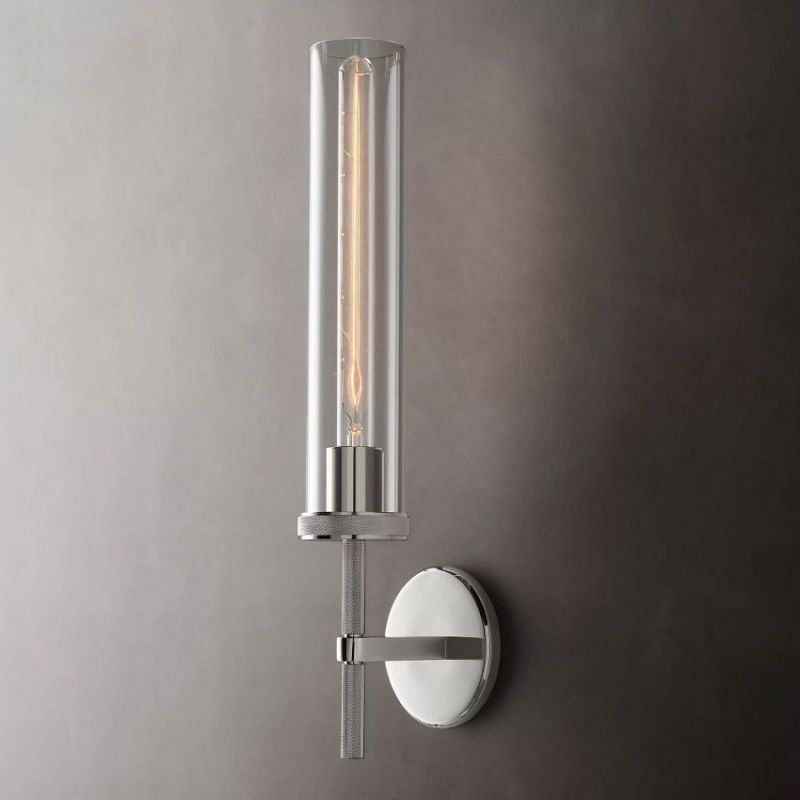Moderne Opadstående Glas Væglampe til Elegante Interiører Væglampe Tech Butik Poleret Nikkel