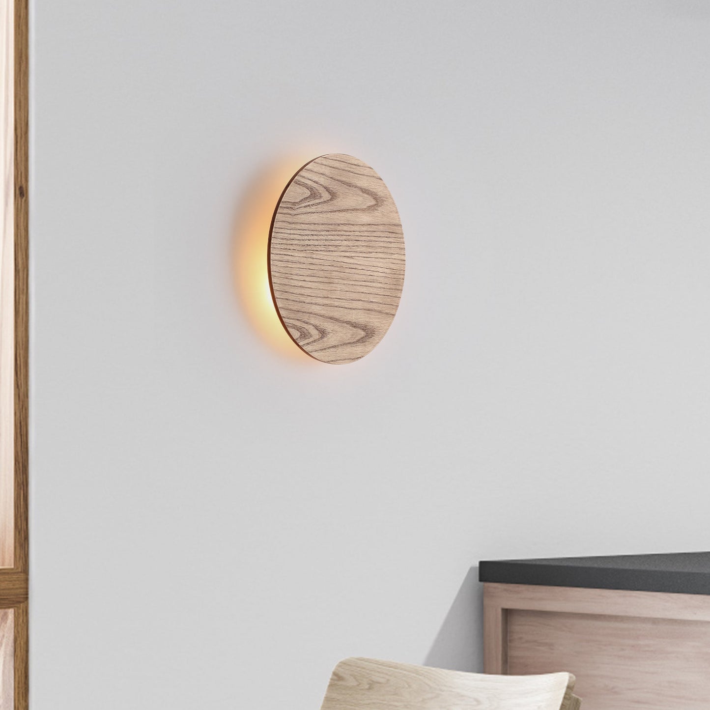 Træ Væglampe med Rundt Design – Varm, Naturlig Elegance Væglamper Tech Butik