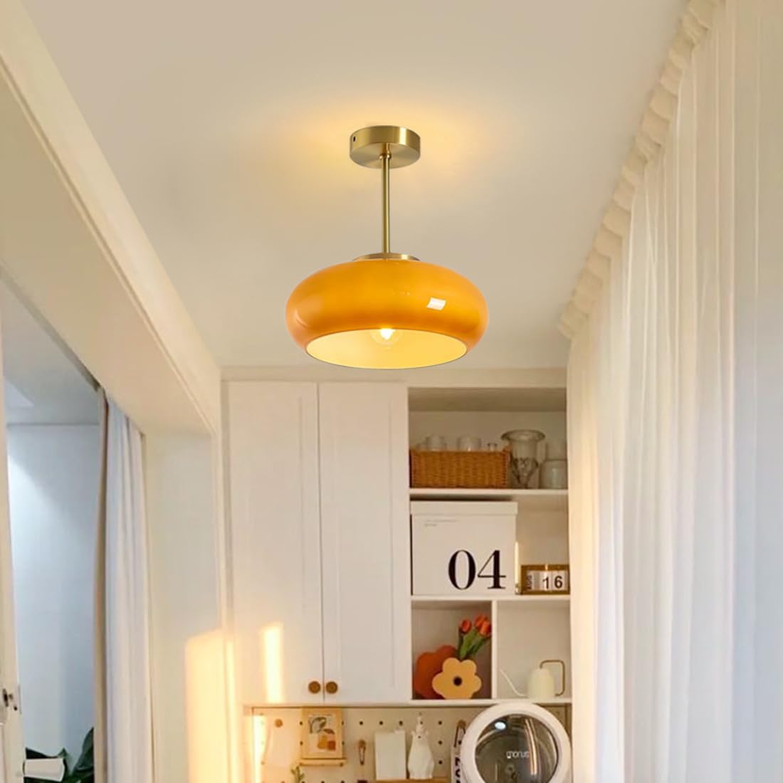 Vintage Rund Glas Loftlampe Loftlamper Tech Butik Amber Guld Pendellampe: D28* H32cm
