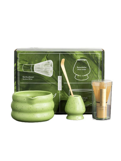 Traditionelt Matcha Tesæt – 4 Dele med Skål og Pisker Tea Set Tech Butik Grøn Sæt i fire dele