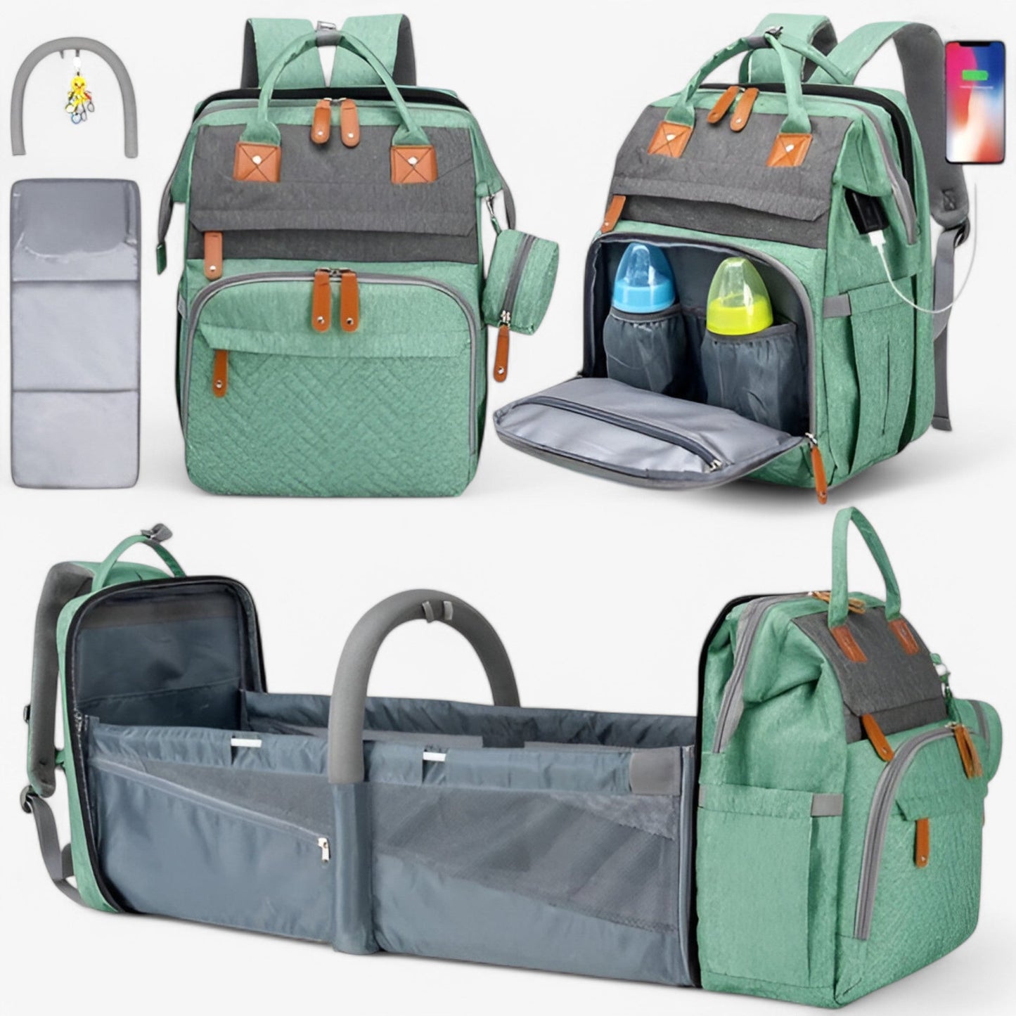 Babyrygsæk med Skiftemåtte – Praktisk og Rummelig Ble-taske til Forældre på Farten Bags Tech Butik Grå Grøn
