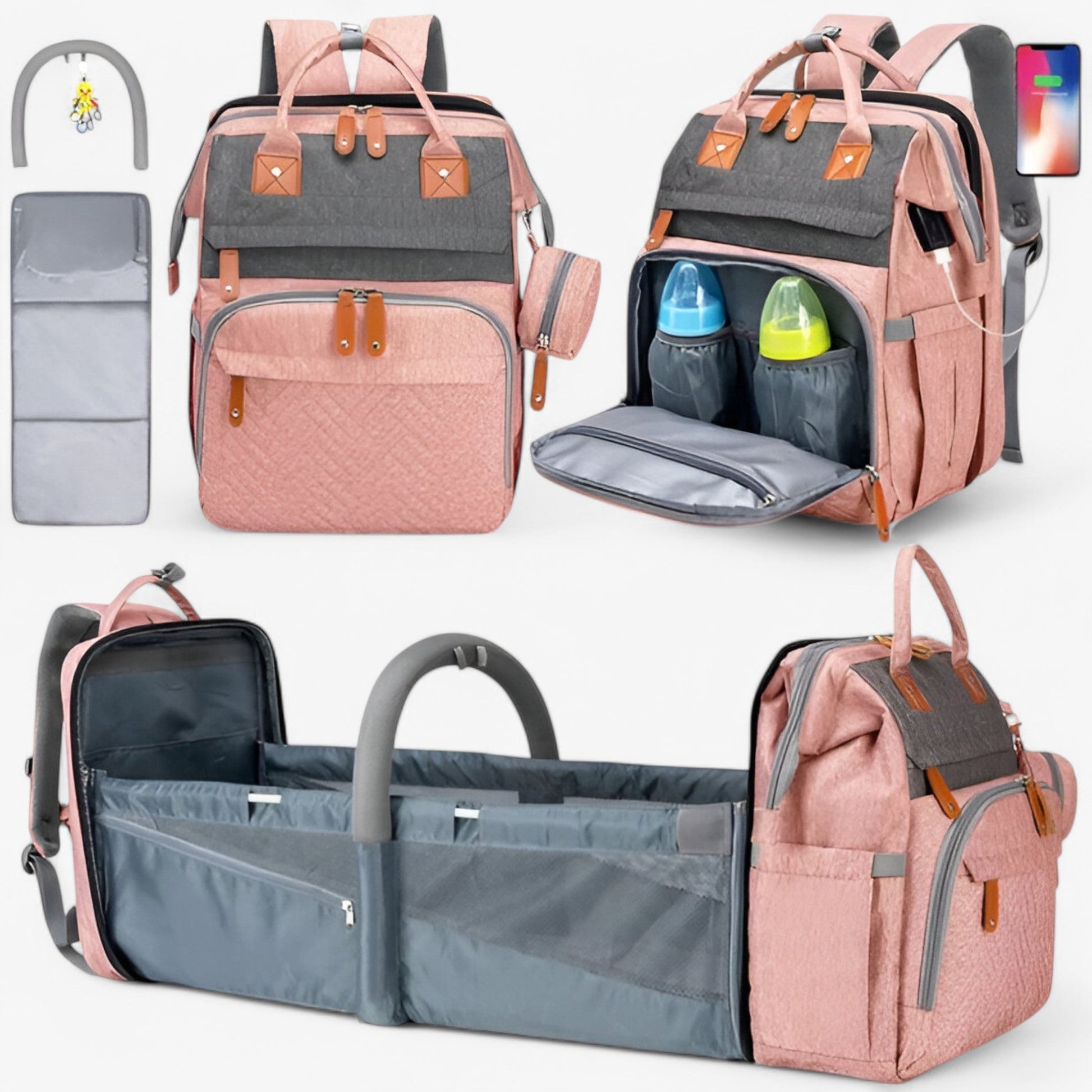 Babyrygsæk med Skiftemåtte – Praktisk og Rummelig Ble-taske til Forældre på Farten Bags Tech Butik Grå Pink