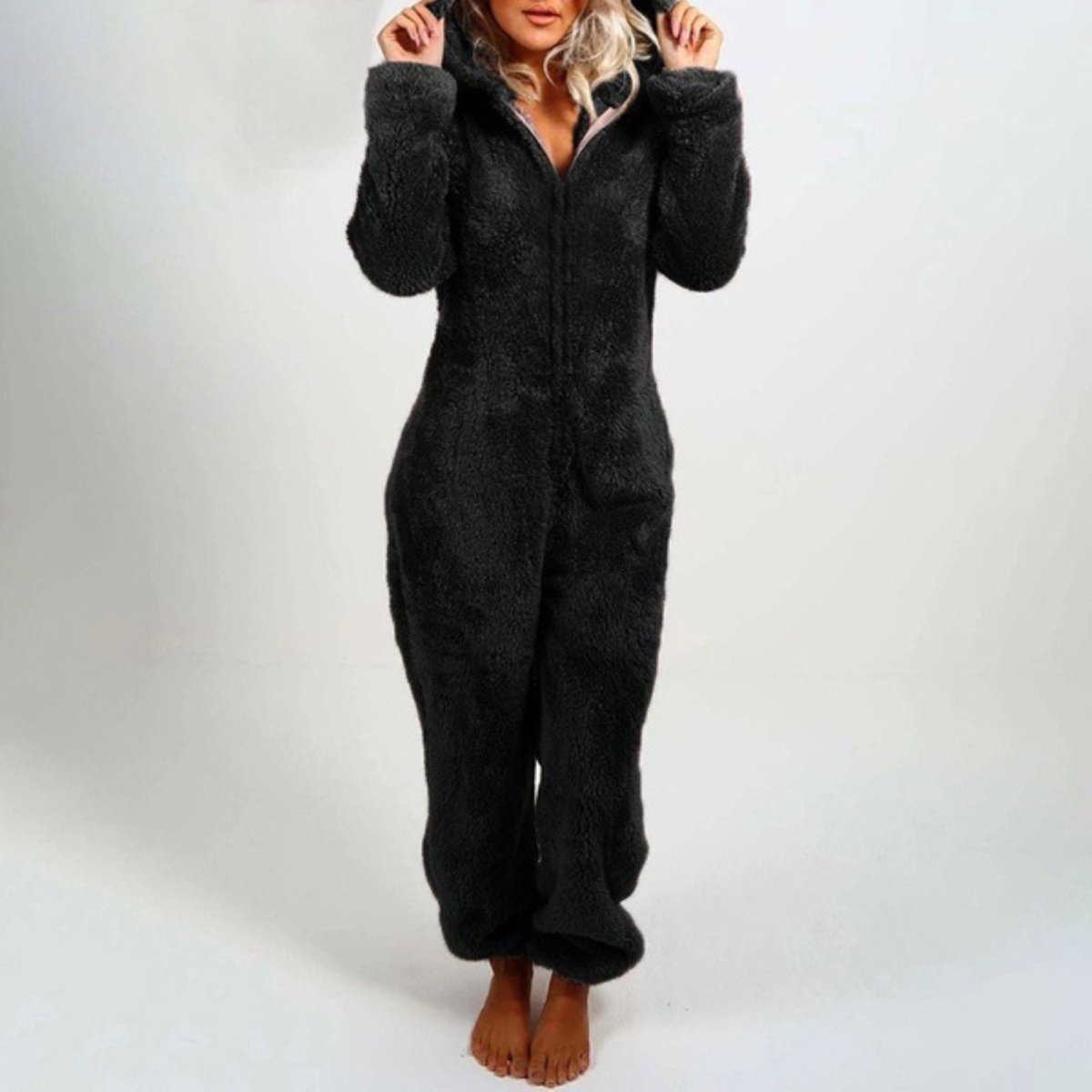 Blød Fleece Loungedragt med Lynlås – Varm, Komfortabel og Afslappet Pasform Fashion Women Onesie All-year Tech Butik Sort S