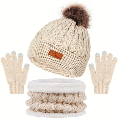 Dame 3-delt Vinter-Accessoriesæt – Hue, Strikket Tørklæde og Handsker i Kabelstrik Winter accessory set Tech Butik Beige En størrelse passer alle