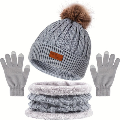 Dame 3-delt Vinter-Accessoriesæt – Hue, Strikket Tørklæde og Handsker i Kabelstrik Winter accessory set Tech Butik Grå En størrelse passer alle