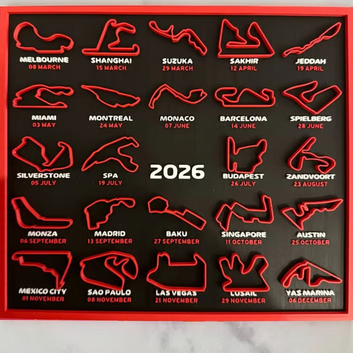 3D-Printet F1 Banekalender 2026 – Moderne Racing Vægkunst Vægkunst Tech Butik