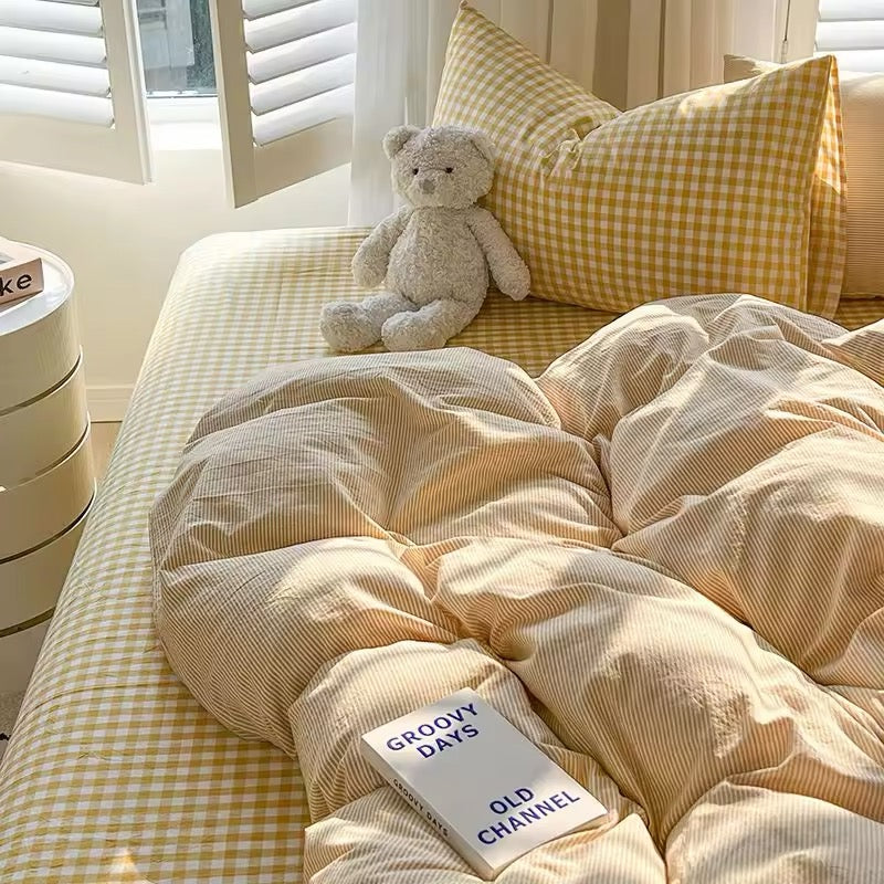 Hyggeligt Ternet Sengetøjssæt – Blødt & Stilfuldt Dynebetræk til Chic Soveværelser Bedding Set Tech Butik Gul Enkelt 3 pcs