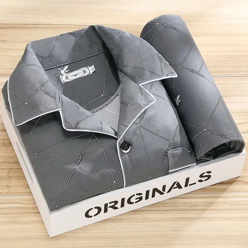 Herrepyjamassæt med skjorte og knaplukning - Behageligt Nattøj til Daglig Afslapning Men Set Tech Butik