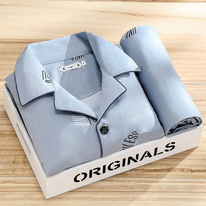 Herrepyjamassæt med skjorte og knaplukning - Behageligt Nattøj til Daglig Afslapning Men Set Tech Butik Periwinkle grå L